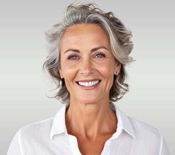Frau mit grauen Haaren lächelt
